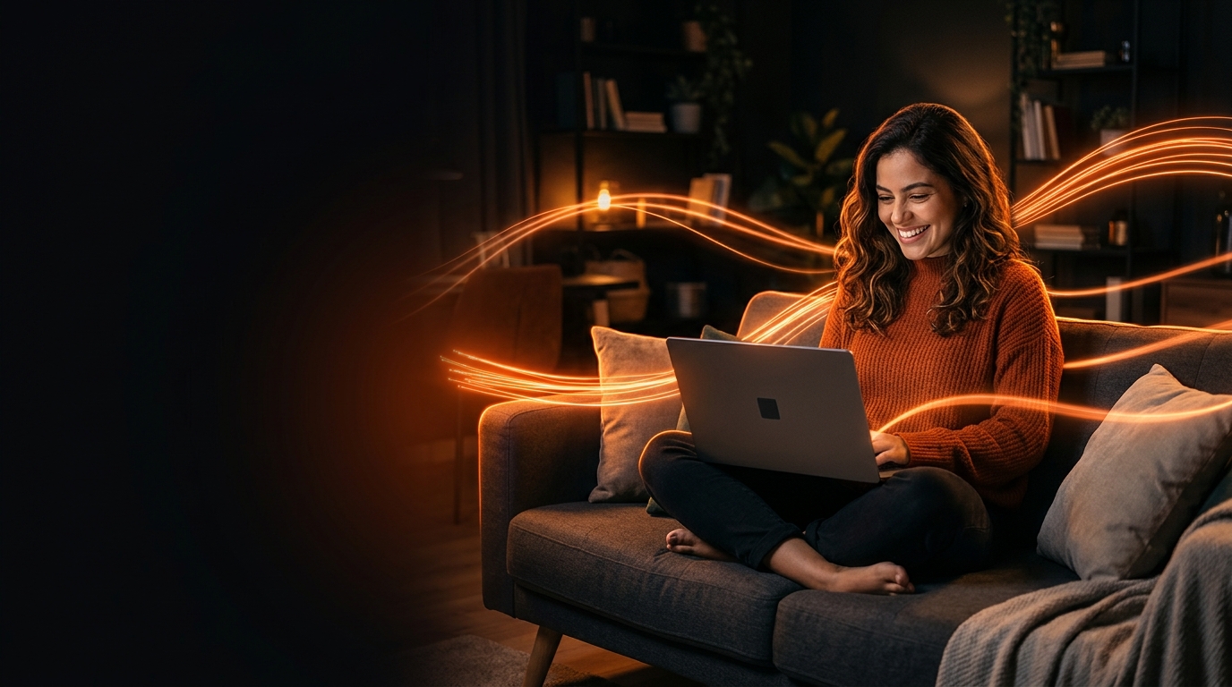 Mulher trabalhando no notebook em casa com internet fibra Mega+