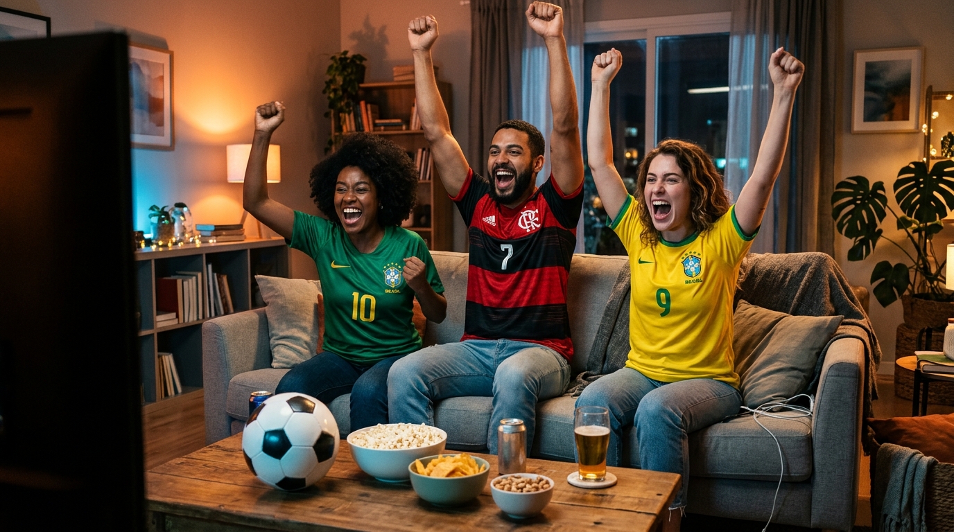 Amigos torcendo no sofá assistindo futebol ao vivo na Mega+ TV