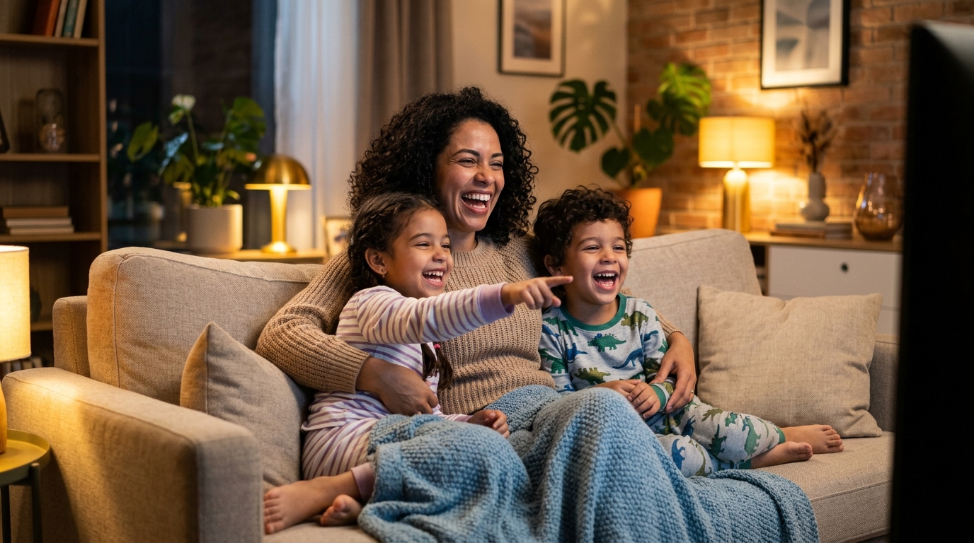 Mãe e filhos assistindo TV juntos no sofá com a Mega+ TV