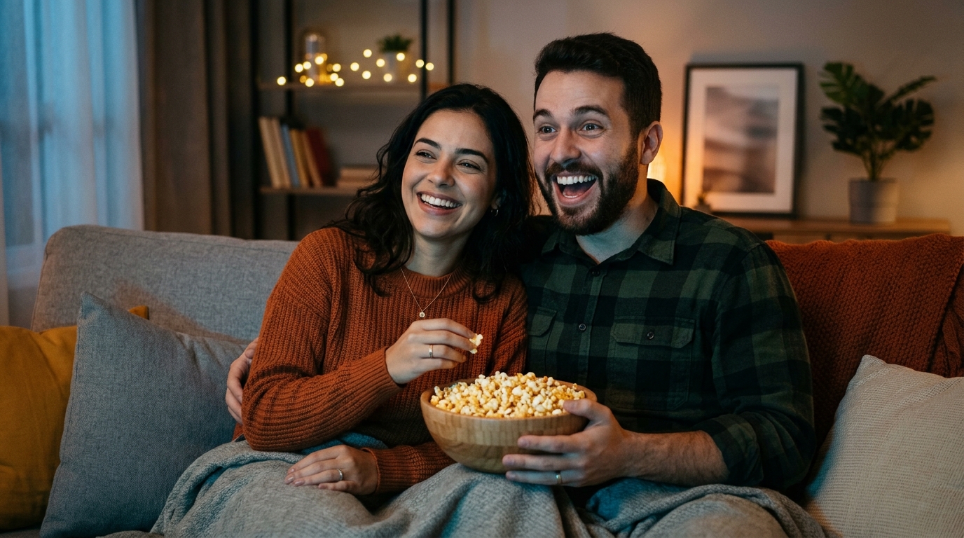 Casal assistindo filme com pipoca na Mega+ TV
