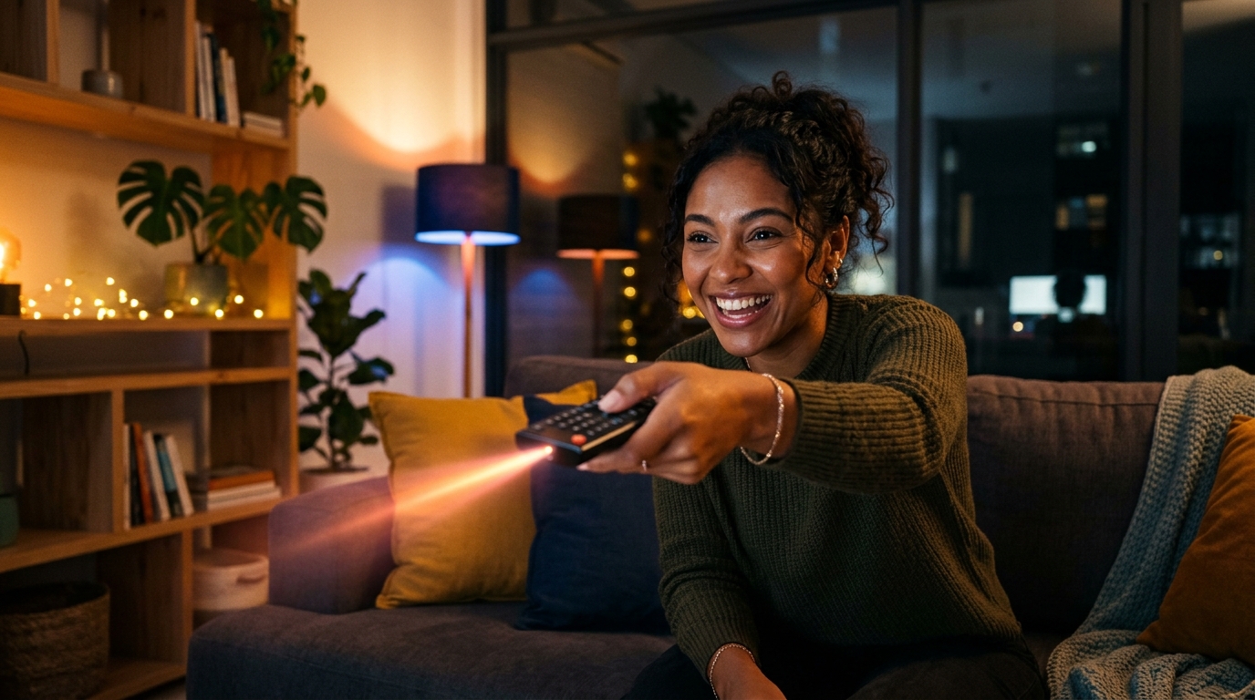 Jovem assistindo série à noite na Mega+ TV